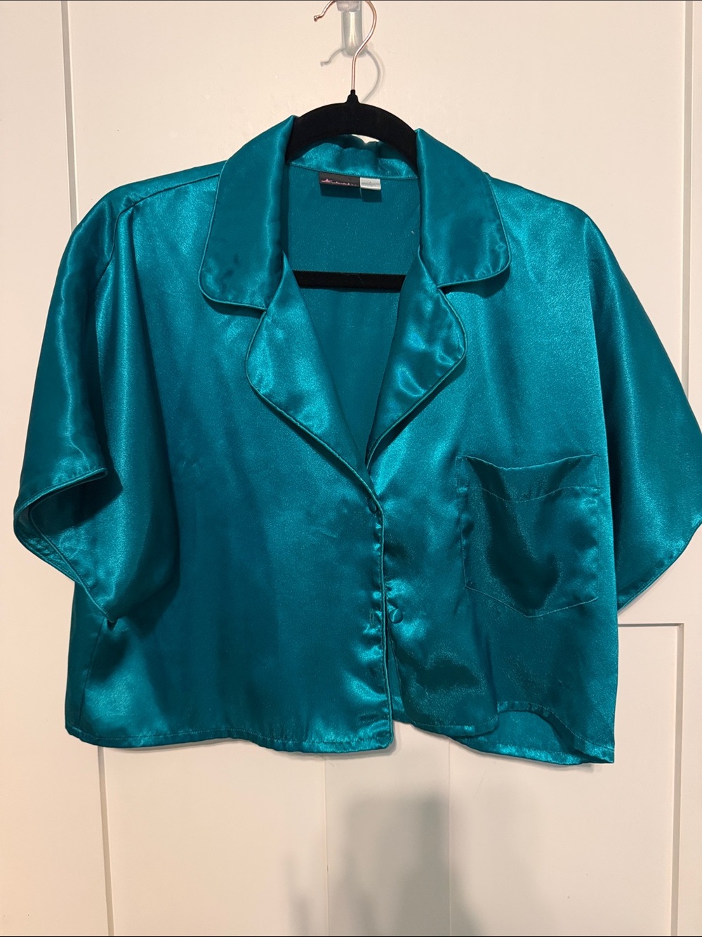 Frederick's of Hollywood Teal Satin Button-Down Crop Shirt